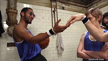 Basketball coach Tommy Pistol and his players dominate short haired journalist Mercy West and fuck her hairy pussy and tight asshole in double penetration