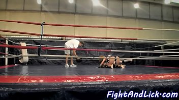 European lesbians wrestling in a boxing ring