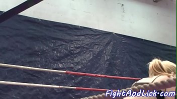 Pussylicking babes wrestle in a boxing ring